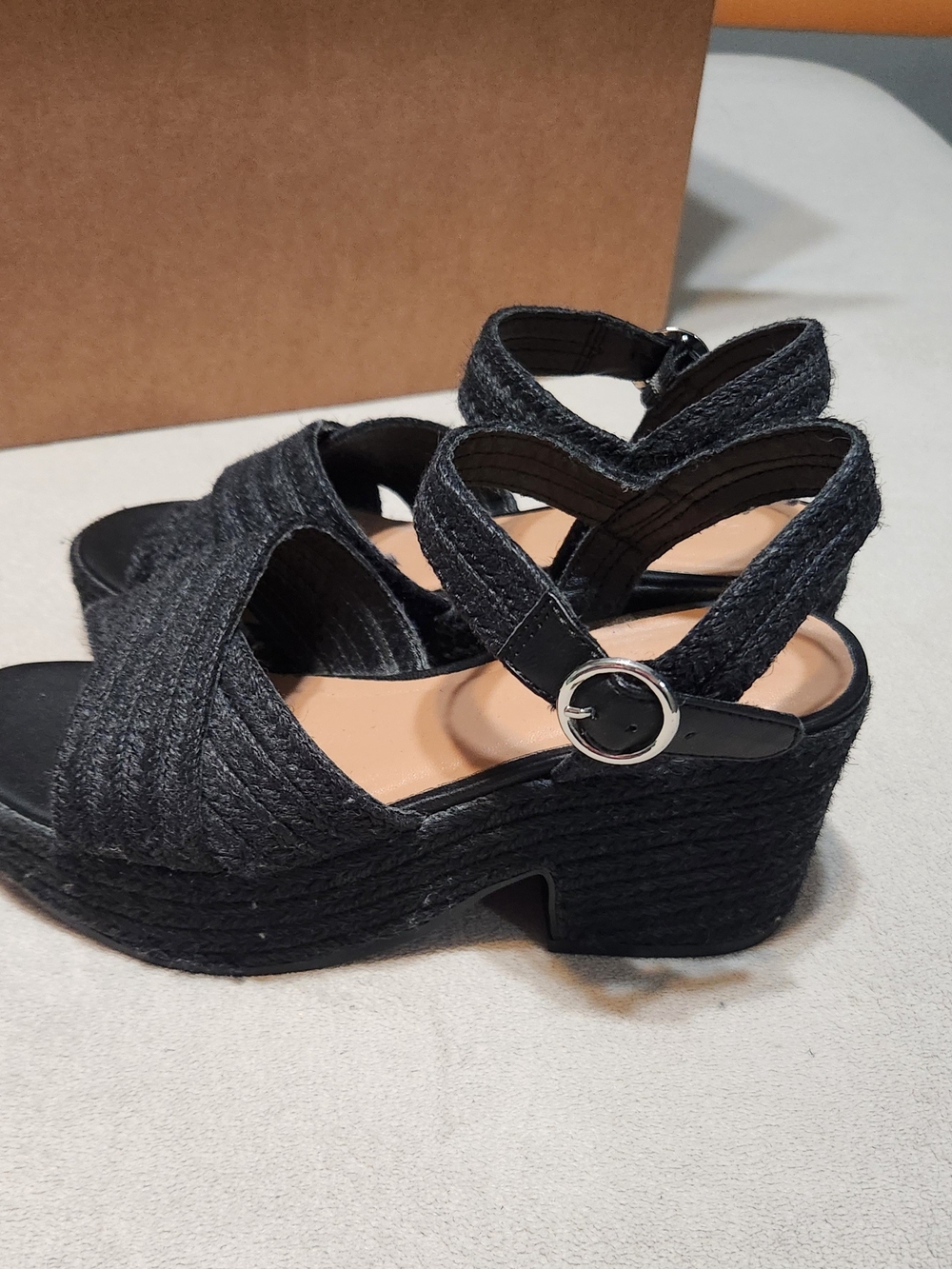 Old Navy Black Wedge Espadrille Sandals with Ankle Buckle